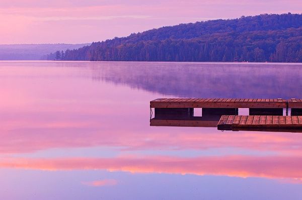 Canada-Ontario-Algonquin Provincial Park-Dock and fog on Lake of Two Rivers